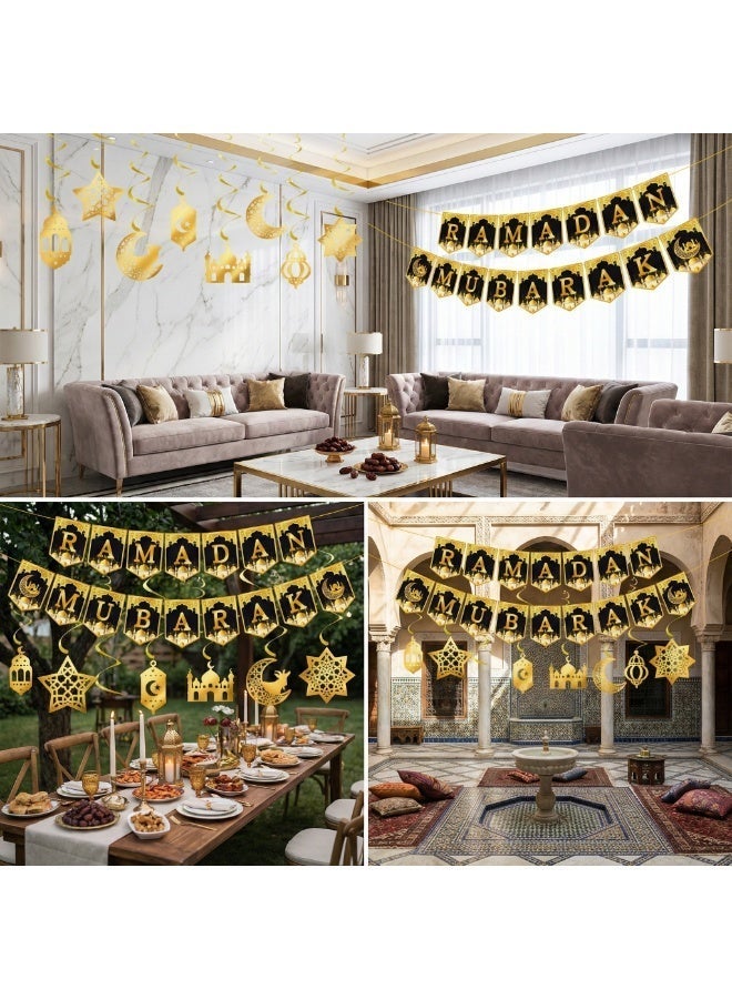 9 PCS Ramadan Mubarak Decoration Set, Black & Gold Bunting Banner with Hanging Swirls, Ceiling Streamers, Moon Star Lantern Cutouts, Islamic Home Party Supplies, Eid Festival Decor - Image 5